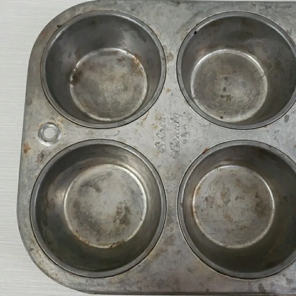 Ekcology T60.6 Silver Beauty Muffin Tin 6 Cups VTG USA Bakeware Primitive MCM
